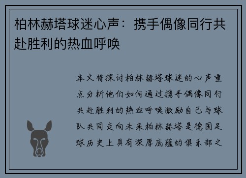 柏林赫塔球迷心声：携手偶像同行共赴胜利的热血呼唤