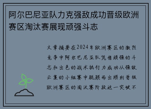 阿尔巴尼亚队力克强敌成功晋级欧洲赛区淘汰赛展现顽强斗志