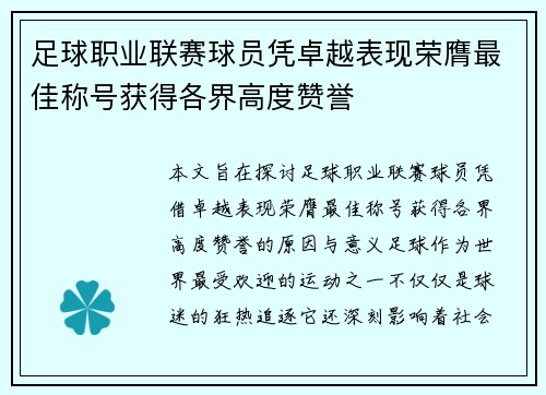 足球职业联赛球员凭卓越表现荣膺最佳称号获得各界高度赞誉