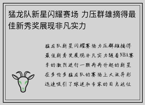 猛龙队新星闪耀赛场 力压群雄摘得最佳新秀奖展现非凡实力