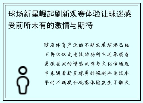球场新星崛起刷新观赛体验让球迷感受前所未有的激情与期待
