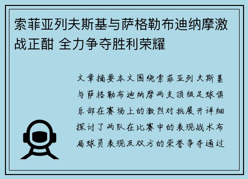 索菲亚列夫斯基与萨格勒布迪纳摩激战正酣 全力争夺胜利荣耀